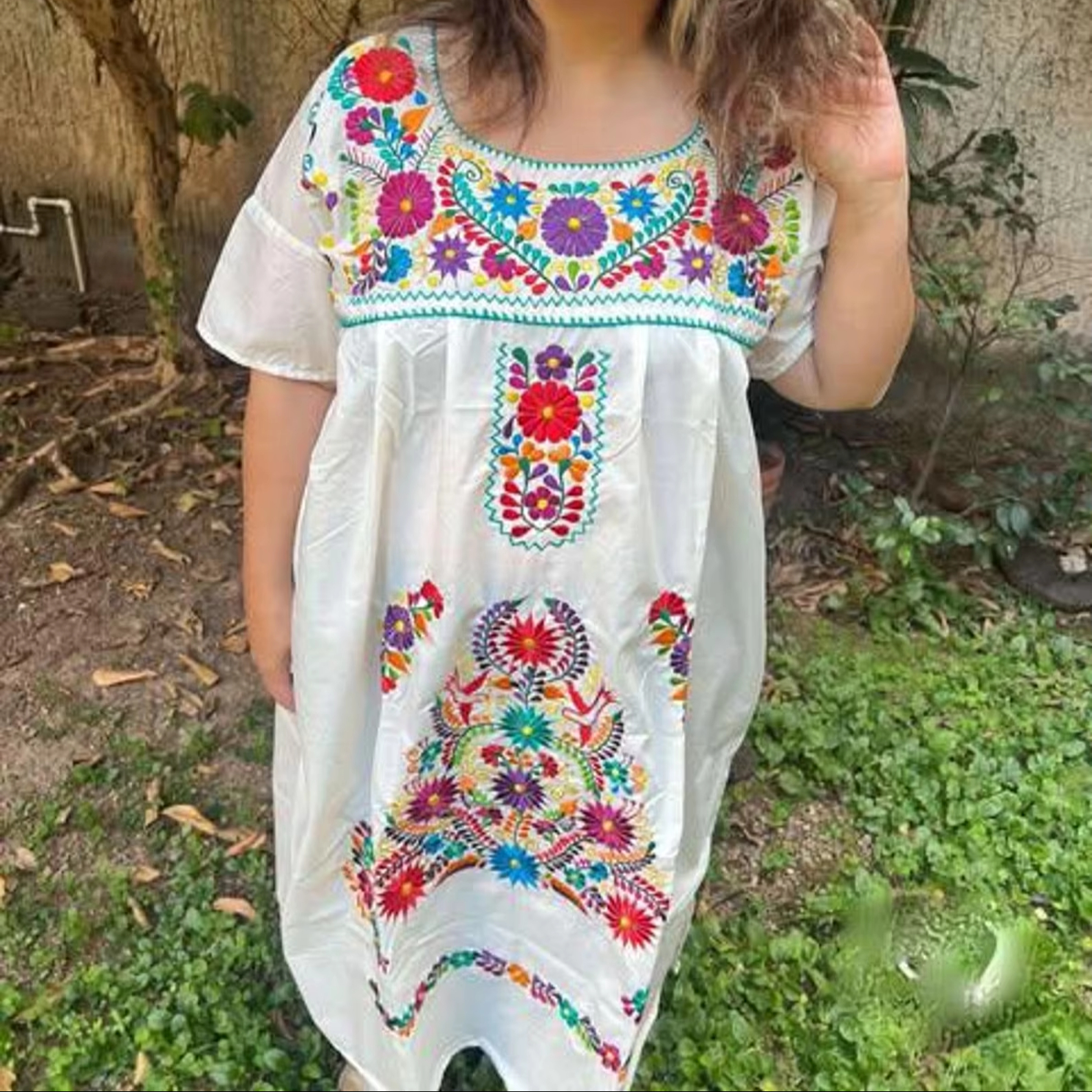 black mid length bodycon dress Mexican -Artisanal Embroidered Dress Cotton Red