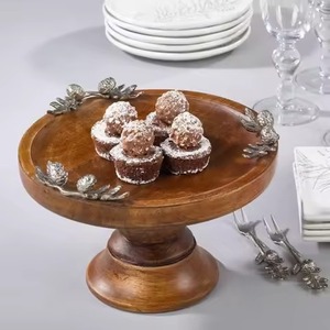 New Fancy Table Top Wooden <b>Cake</b> Stand Vintage Square Shape 2 <b>Tier</b> Tray Teak Wood and Silver Leaf Design Stand - Product Image 2