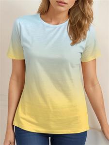 Camiseta con estampado de amarillo, azul y naranja degradado de Color para mujer, de manga corta Camiseta clásica a la moda para mujer, Tops con cuello redondo para mujer - Product Image 5