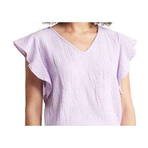 Top da donna a V con maniche a volant, in chiffon viola floreale, stile coreano, taglia XL, per primavera/estate - Product Image 2