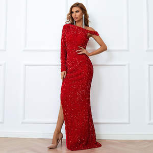 Vestido de crepé rojo Fiona con un solo hombro, estampado, con cuentas, lentejuelas y plumas, estilo romántico para fiesta, largo hasta el suelo, talla XL natural - Product Image 2