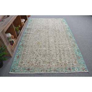 Tapis Turc Vintage 4'9 "X 8 'Vert Beige Classique Grande Surface Rectangle Peluche Laine Latex Classique Patchwork pour Couloir pour Chambre - Product Image 3