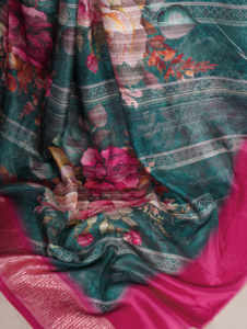 Saree de seda Tasar estampado de colección exclusiva con borde de viscosa y blusa sin costuras coordinada - Product Image 3