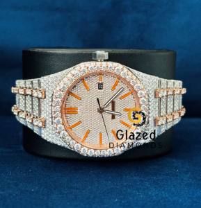 Gorgeous Hip Hop Wrist Moissanite Watch for Men Made With Round Brilliant Cut Diamonds and Orange Stick Bar - Product Image 1