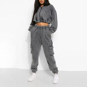 Acid Wash 2 Piece Set Women Casual Long Sleeve Zip up <b>Crop</b> and High Waist <b>Legging</b> Matching Fall Fitness Tracksuits - Product Image 3