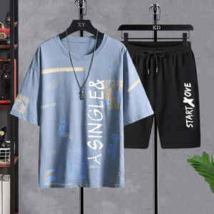 Conjunto Deportivo Corto de Verano para Hombre, Transpirable, 100% Algodón, Camiseta de Manga Corta y Pantalones Cortos, 2 Piezas - Product Image 2