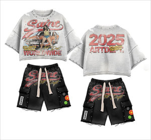Étoile de haute qualité personnalisée en usine avec la même tendance Impression vintage Ensemble de shorts décontractés à manches courtes pour hommes et femmes d'été - Product Image 1