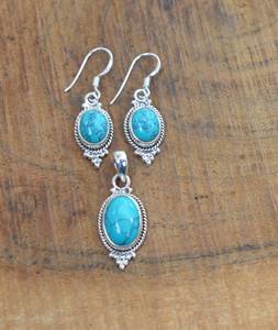 Turquoise bleue naturelle 925 argent Sterling fait à la main concepteur personnalisé boucle d'oreille pendentif bel ensemble pour les femmes - Product Image 3