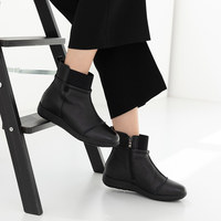 [JSHOE] Bottines à fermeture éclair en cuir de vache véritable pour femmes, doublées de polaire, confortables, mode coréenne, talon bas de 3,5 cm, chaussures décontractées automne/hiver