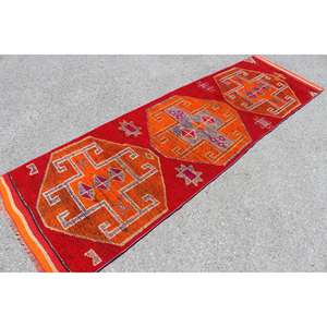 Vintage <b>Runner</b> Rug, 2.8x10.1 ft Turkish Rug, <b>Red</b> Herki Wool Rug - Product Image 2