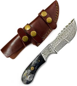Cuchillo de Hoja Fija de Acero de Damasco Hecho a Mano con Funda de Cuero para Caza, Camping y Supervivencia, Estilo Vaquero, Soporte OEM, 3 Años de Garantía - Product Image 1