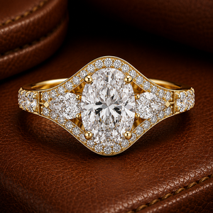 Oval Cut Lab Grown Diamond Bridal Halo <b>Split</b> Shank <b>Ring</b> 14K/18K Solid Gold DEF VVS IGI Certified 1.70 CTW Rhodium Plated <b>Ring</b> - Product Image 1