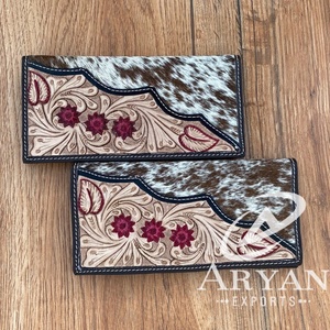 กระเป๋าสตางค์ผู้หญิงแบบพับสองพับหนังวัวถือด้วยมือลายดอกไม้แบบตะวันตกใหม่ - Product Image 1