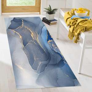 พรมขนสัตว์ลายหินอ่อนแบบดั้งเดิม สีทองน้ำเงิน โทนสีอ่อน ดีไซน์แบบแพทช์เวิร์ค  ฐานรองทำจากยางลาเท็กซ์ เป็นมิตรกับสิ่งแวดล้อม - Product Image 4