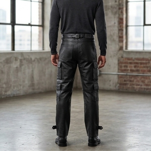 Pantalones Cargo de Cuero Genuino Negro Personalizados para Hombre |   Pantalones de Motociclista con Múltiples Bolsillos |   Pantalones de Cuero de Moda de Corte Ajustado OEM ODM - Product Image 2