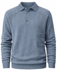 เสื้อโปโลไหมพรมขนสัตว์ผู้ชายสีเทา ผลิตโดยผู้ผลิต เสื้อกันหนาวแขนยาวแบบสวม ปิดด้วยกระดุม สไตล์ลำลอง อุ่นสบาย ผ้าถักเนื้อหนา - Product Image 1