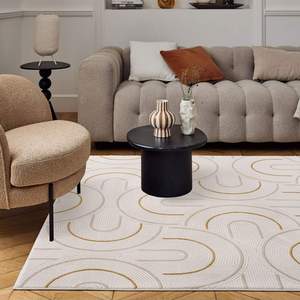 Alfombra Geométrica Abstracta Hecha a Mano para Sala de Estar o Pasillo - Alfombra de Poliéster Crema Dorado - Product Image 6