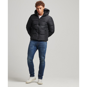 Custom Men's Long Winter Puffer Jacket Casual Style with Hood and Zipper Closure Warm Canvas Fabric Letter Pattern Unique Design - Product Image 3