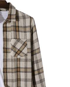 Custom Beige Brown Plaid <b>Flannel</b> <b>Shirt</b> <b>Men</b> Long Sleeve Button Down Casual Warm Soft Cotton Blend Overshirt <b>For</b> Winter CheckStyle - Product Image 2