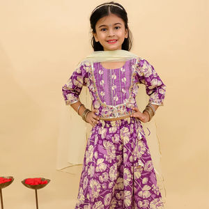 Filles enfants Lehnga Choli avec Dupatta coton robe ethnique tenue de fête de mariage robe pour fille - Product Image 1