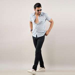 เสื้อเชิ้ตลำลองผู้ชายลายดอกไม้สีฟ้าอมเทาเสื้อ100% ผ้าฝ้ายทรงพอดีตัวปกติเสื้อตัวเดียวกันยับไม่ยับสำหรับผ้าทอในสำนักงาน - Product Image 4
