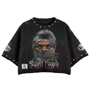 T-shirt court ample et déchiré pour homme, style streetwear, avec strass vintage, anti-boulochage, audacieux et stylé - Product Image 1