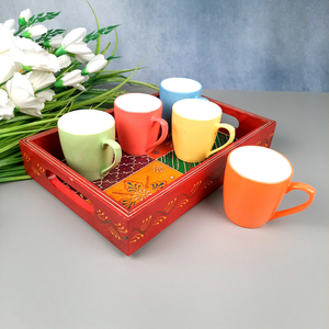 Plateau en bois artisanal moderne pour le thé et les collations servant l'art décoratif maison table à manger cuisine cadeau de mariage pour Noël - Product Image 6