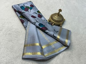 Saris en soie de Mysore imprimés semi-crêpe de designer pour les occasions de fête d'hiver, sans plis - Product Image 2