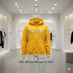 Sudadera con capucha y cremallera RexFit amarilla mostaza con logo de diamantes de imitación, ropa urbana unisex, ropa de invierno, sudadera informal de algodón y forro polar con cremallera. - Product Image 5