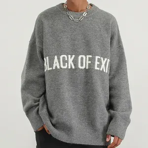 Custom OEM/ODM 7GG Computer Knitted Pullover Sweater Crew Neck Pure Cotton Cashmere Letters Grey Black Sweater For Men