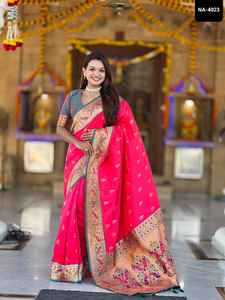 Saree en soie de Pethani doux indien de fantaisie avec la conception de motifs de Zari Weawing Meenakari avec la pièce de chemisier de contraste pour le saree de mariage - Product Image 6