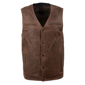 Gilet en cuir marron vintage pour homme avec col en V et quatre poches boutonnées en cuir de vache respirant pour l'hiver - Product Image 1
