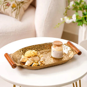ถาดโลหะทรงรีพร้อมที่จับไม้ถาดเสิร์ฟสีทองสำหรับตกแต่งโรงงานผู้ส่งออกออกแบบได้ตามต้องการ - Product Image 6