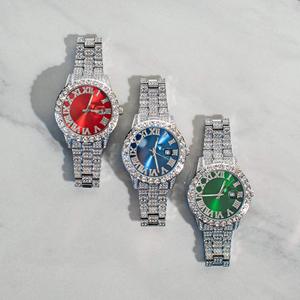 Luxury Unisex <b>Red</b> Dial Stainless Steel Moissanite Watch Crystal Rhinestones Analog Fashion Bracelet 43mm Case Mechanical Auto - Product Image 3