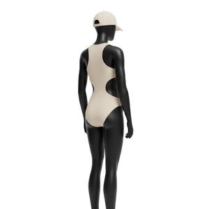 Maillot de bain de luxe pour femme en nylon et élasthanne, beige avec empiècements noirs sur les côtés, logo personnalisé en strass thermocollés - Product Image 5