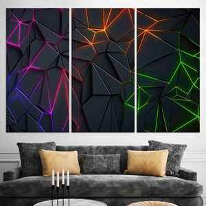Décoration murale géométrique néon moderne - Œuvre d'art imprimée sur toile, lot de 3 toiles - Product Image 1