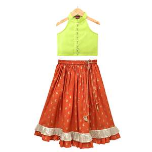 Conjunto de Lehenga Chanderi Estampado para Mujer, Estilo Mandarín, Corto, Sin Mangas, Color Verde Lima y Naranja, Ropa Étnica para Fiestas y Eventos Tradicionales - Product Image 1