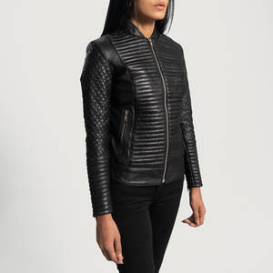 Women's PU <b>Leather</b> Moto <b>Jacket</b> Quilted Stand Collar Zipper Closure Full Sleeve Black Autumn Style - Product Image 5