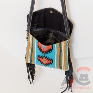 Manta de sillín con estampado de lana turquesa y flores, bandolera con flecos occidentales, bolso de cuero de vaca, monedero de piedra turquesa para mujer - Product Image 6