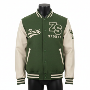 Chaqueta Universitaria de Lana para Hombre de 350 GSM con Mangas de Cuero PU, Bordado, Parches, Cuerpo Verde, Estilo Deportivo Beige - Product Image 1