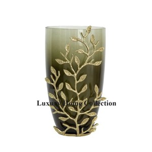 Centro de mesa Florero decorativo con cristal de vidrio y soporte en forma de hoja y soporte Macetas y jarrón de exhibición de flores artificiales - Product Image 1