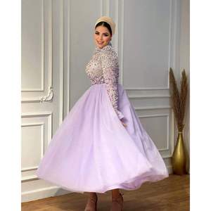 Vestido de Gala Color Lavanda con Cintura Imperio, Mangas Cortas, Decoración de Pedrería Brillante, Escote Corazón, Talla XS, para Fiestas y Eventos Nocturnos - Product Image 3