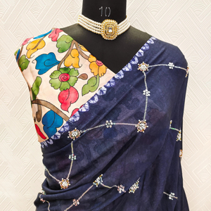 Exclusivo Sari Indio Tradicional de Satén Georgette de Seda, Elegante Sari para Novia, Bodas, Festivales, para Fiestas de Invierno y Verano - Product Image 1