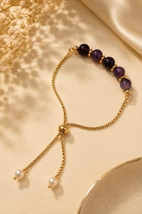 Carved Crystal Beads Gemstone Beaded <b>Bracelet</b> with Golden Chain and Pearl Accents for Earth Day Elegant Wear - Product Image 2