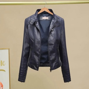 New Custom Product <b>Women</b> Leather <b>Jacket</b> Slim Fit Stand Collar Long Sleeve Pockets Zipper Placket Biker Thin Style Female Outwear - Product Image 3