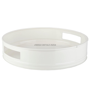 ถาดเสิร์ฟสีขาวกลมเงาที่มีพื้นผิวเรียบและด้ามจับแบบตัดออกเหมาะสำหรับการตกแต่งบ้านร่วมสมัยและใช้งานได้หลากหลาย - Product Image 1