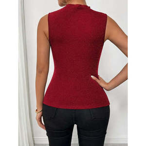 Women's Sleeveless Tulle Round Neck Deep V-Neck <b>Glitter</b> Blouse, 36067 - <b>Red</b> - Product Image 3