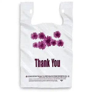 T-shirt Sacs à provisions Fleur en plastique imprimé personnalisé Merci en plastique violet thermoscellé Gravure Impression LDPE recyclable Accepté - Product Image 1