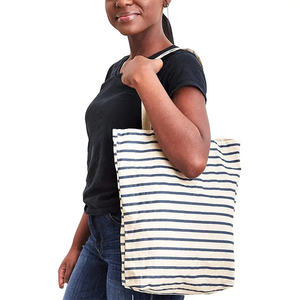 Ensemble de qualité supérieure 3 sacs fourre-tout d'épicerie en coton biologique écologique réutilisable en toile rayée à bandoulière - Product Image 5