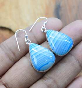 Blue Botswana Agate 925 Sterling Silver Pear Shape Gemstone <b>Hook</b> <b>Earrings</b> Handmade Jewelry Gift For Women - Product Image 4